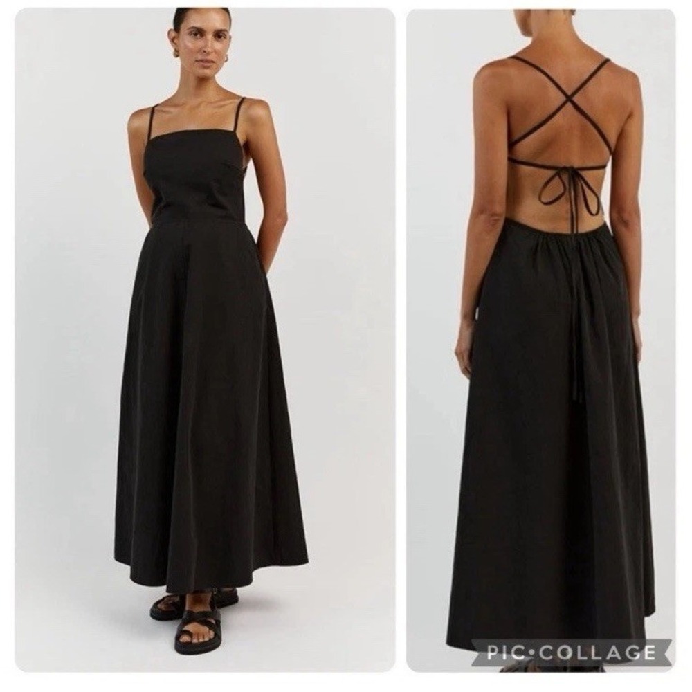 NWT DISSH Rylee Black Cotton Maxi Dress US 2 AU 6 Lace Up Open Back Square‎ Neck